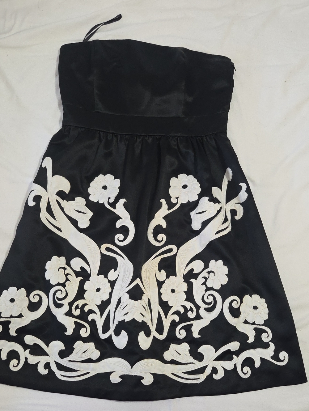 White House Black Market Black Strapless Dress with White Floral Appliqué